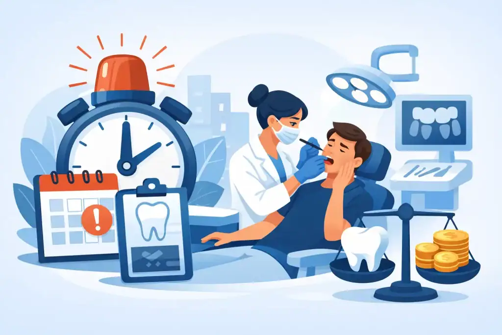Dentist performing emergency dental treatment on patient in Edmonton clinic.