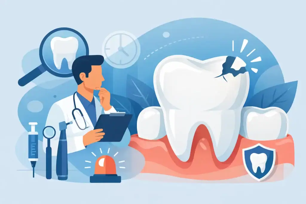 Dentist examining a cracked tooth with dental tools and shield icon in background.