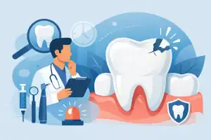 Dentist examining a cracked tooth with dental tools and shield icon in background.