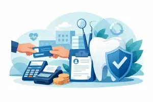 Dental insurance and payment processing with credit card, coins, and shield icons.