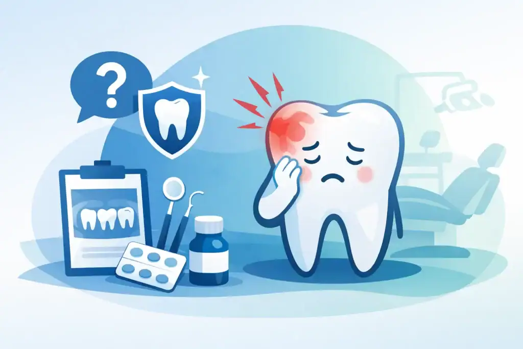 Toothache with dental tools and shield icon, representing dental health and pain relief.