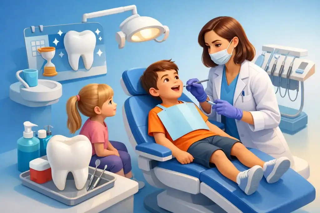 Child receiving dental cleaning from a dentist in a modern clinic.