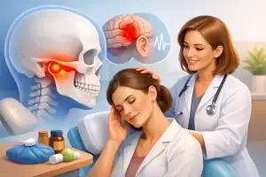 Dentist examining a patient with TMJ headache symptoms in Edmonton.