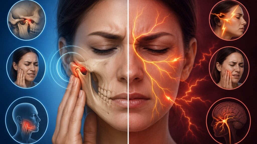 Comparison of jaw pain and nerve pain with visual illustrations.