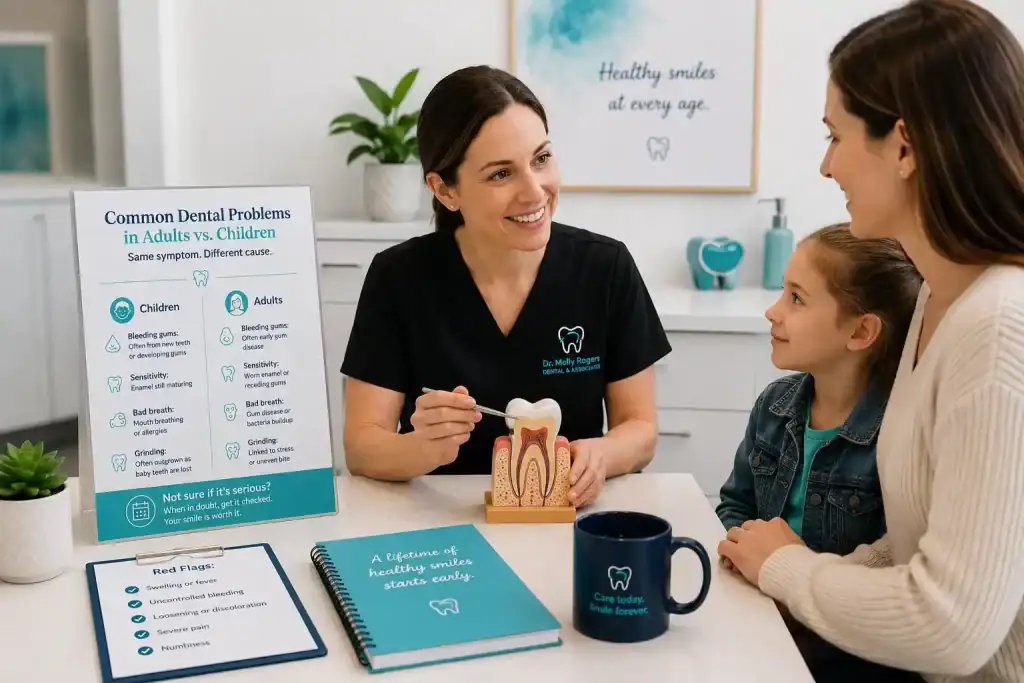 Dentist showing a mother and daughter a tooth model beside a comparison chart of common dental problems in adults vs. children