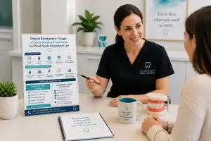 Dentist reviewing a dental emergency triage decision guide with a patient at a consultation desk
