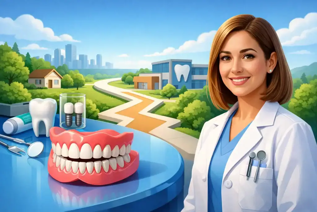 Edmonton dentist with dental models and tools in a modern clinic setting.