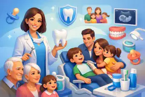 Family dental care scene with dentist and children in a modern clinic.