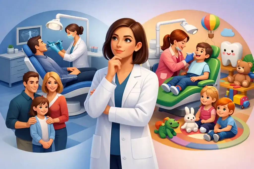 Family and pediatric dentist with children in a dental clinic and playroom.