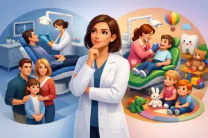 Family and pediatric dentist with children in a dental clinic and playroom.