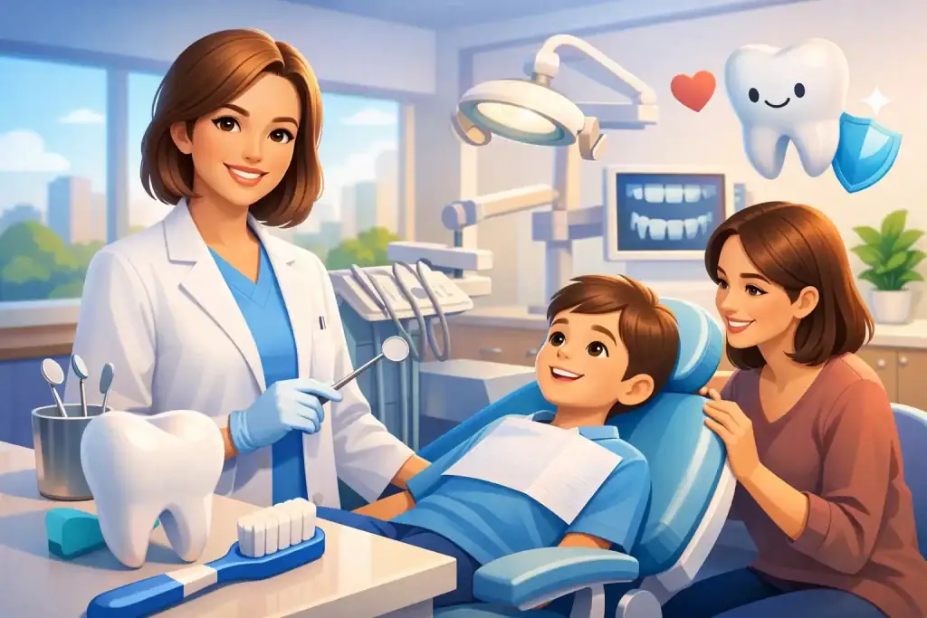 Friendly dentist with young patient and mother in modern dental clinic.