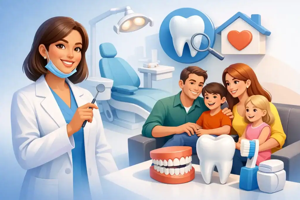 Friendly female dentist with a family at the dental clinic in Edmonton.