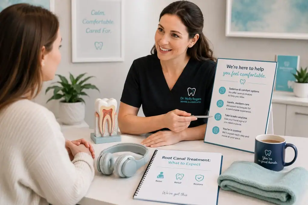 A dentist explaining the root canal treatment process to a nervous patient