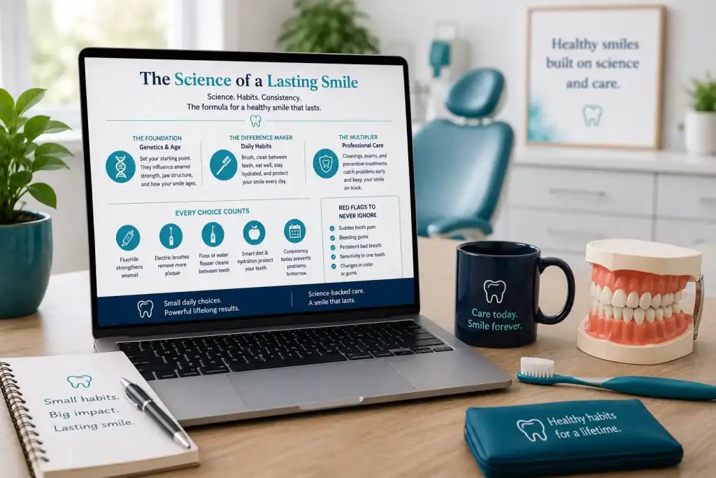 Laptop screen showing 'The Science of a Lasting Smile' infographic on a desk with dental care items and a tooth model