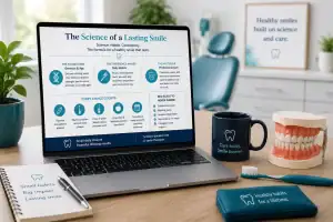 Laptop screen showing 'The Science of a Lasting Smile' infographic on a desk with dental care items and a tooth model