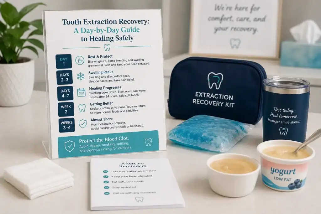 Tooth extraction recovery day-by-day guide displayed next to an extraction recovery kit, ice pack, and soft foods