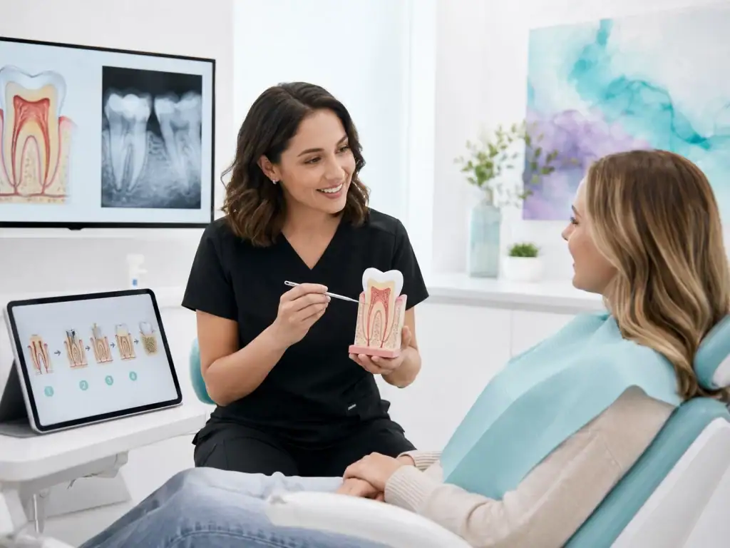 Dentist explaining root canal procedure to patient in clinic.