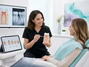 Dentist explaining root canal procedure to patient in clinic.
