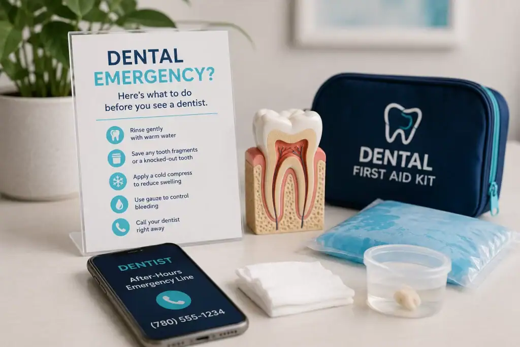 Dental emergency kit with tooth model and informational sign in clinic.