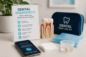 Dental emergency kit with tooth model and informational sign in clinic.