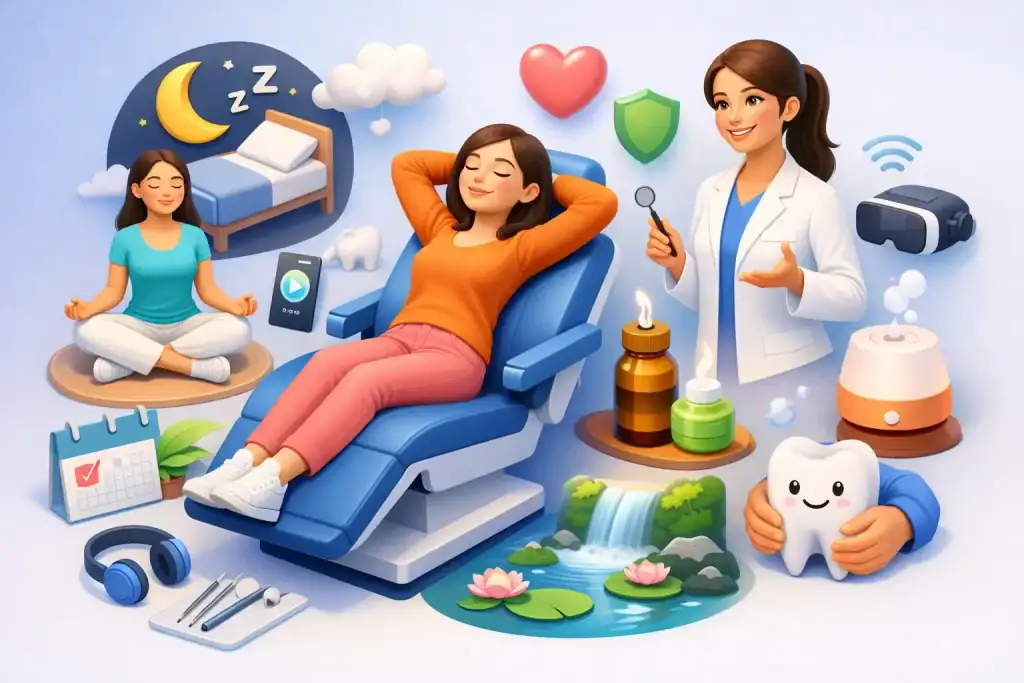 Relaxed woman at dental clinic with calming imagery and dental tools.