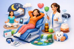 Relaxed woman at dental clinic with calming imagery and dental tools.