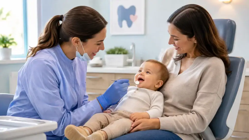 Female dentist examining a smiling baby’s teeth while the child sits comfortably on their mother’s lap during a first dental visit.