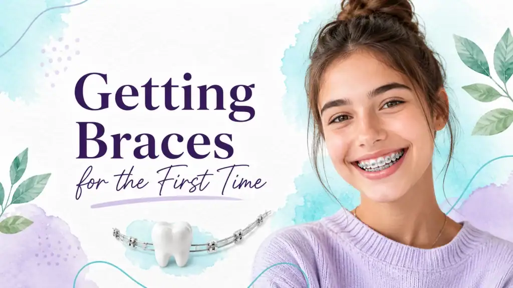 Young girl with braces smiling, dental braces for first-time orthodontic treatment.