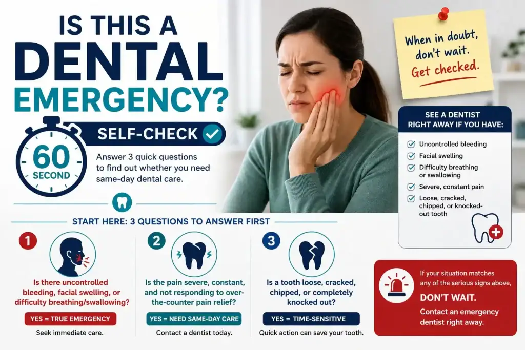 Woman experiencing severe tooth pain alongside a dental emergency self-check for bleeding, swelling, severe pain, and damaged or knocked-out teeth.