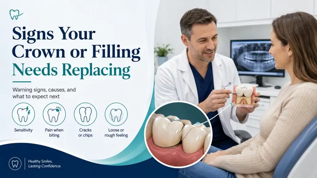 Dentist explaining signs that a dental crown or filling may need replacement, including sensitivity, pain when biting, cracks, and looseness.