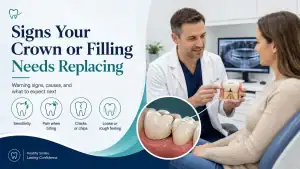 Dentist explaining signs that a dental crown or filling may need replacement, including sensitivity, pain when biting, cracks, and looseness.