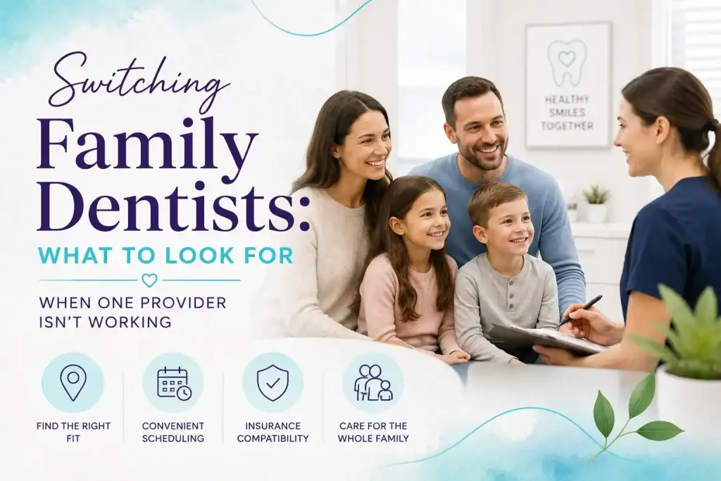 Family at dental clinic discussing care with dentist in Edmonton.