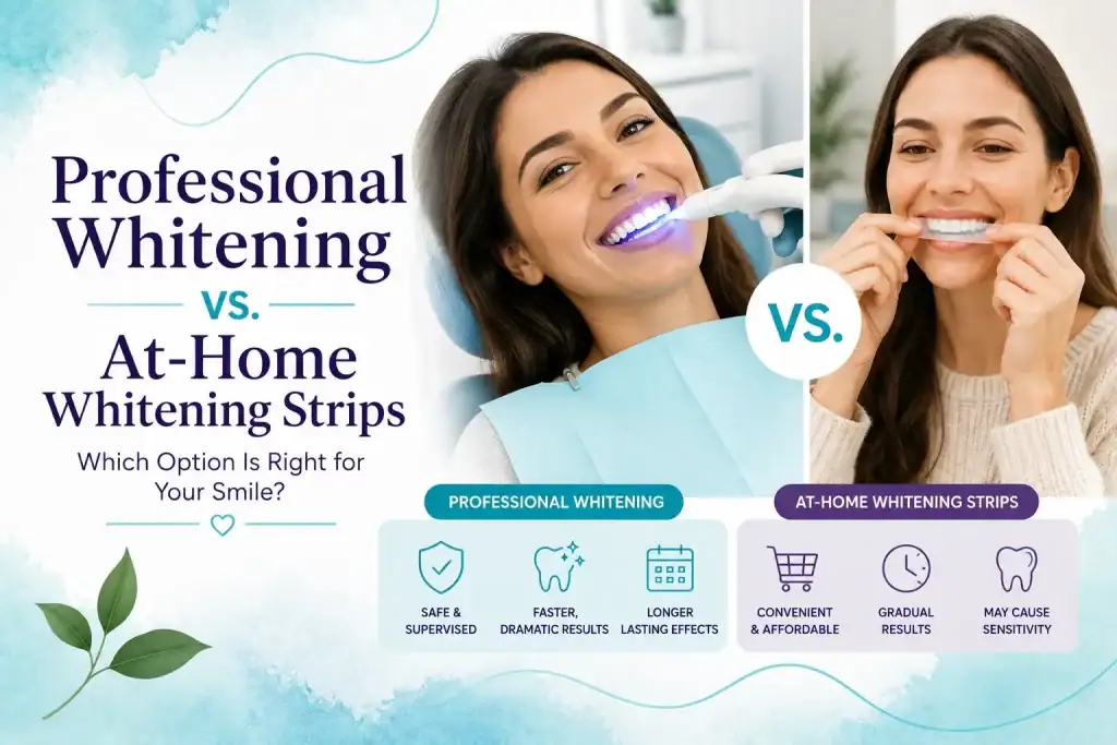 Comparison of professional teeth whitening at a dental office and at-home whitening strips, highlighting benefits and differences between both options.