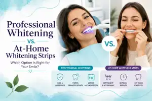 Comparison of professional teeth whitening at a dental office and at-home whitening strips, highlighting benefits and differences between both options.