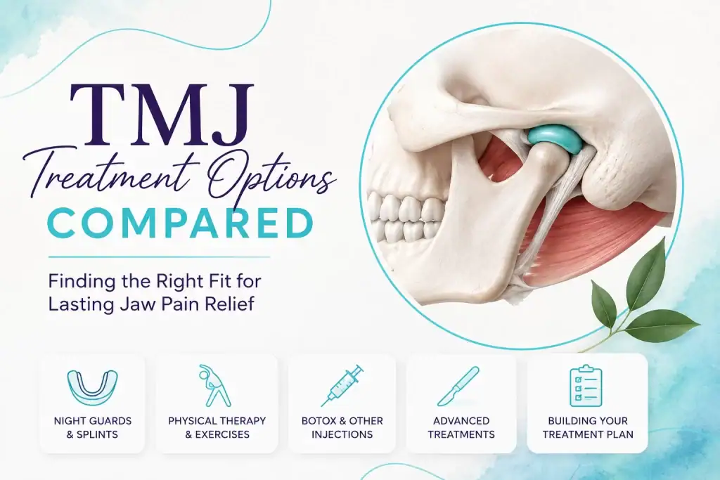 TMJ treatment options compared, including night guards, physical therapy, Botox or medication, bite correction, and surgery for long-term jaw pain.